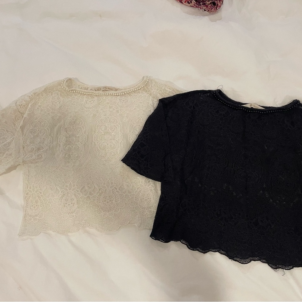 ZARA Black/White Pearl Collar Blouse Crop-tops Bundles, size XS/S